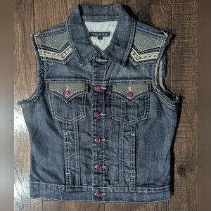 Vigoss Women's Denim Jean Jacket Pink Jeweled Buttons Silver Accents Size Small